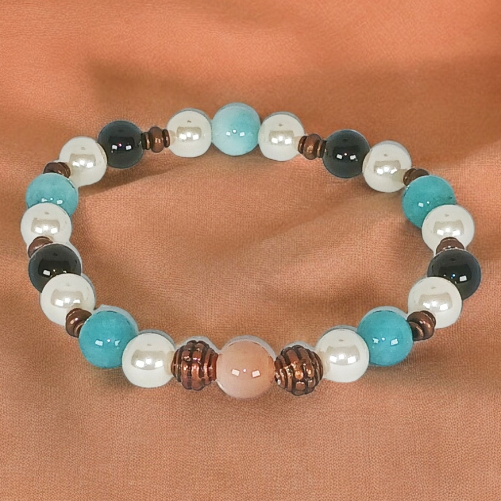 Sunstone Mother of Pearl Teal Chalcedony Black Onyx Bracelet Desert Chic Western